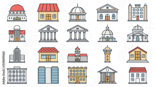 Government, Bank & Public Building Vector Icon Set - Outlined Architecture