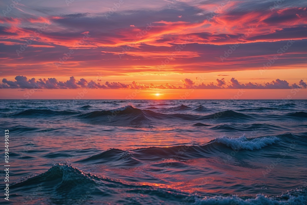 Fototapeta premium Stunning Sunset Over Peaceful Ocean Waves at Dusk