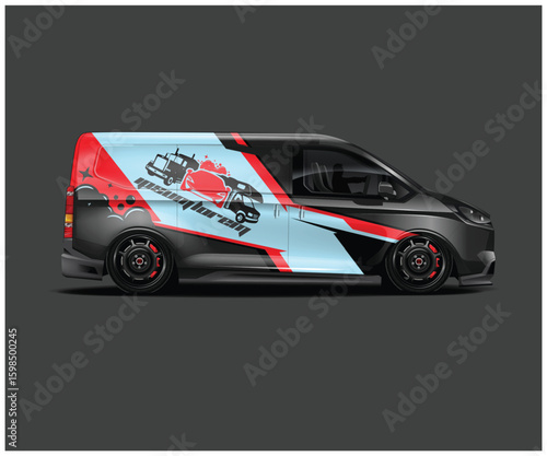 Customized Van with Abstract Graphics and Red Accents on a Dark Background