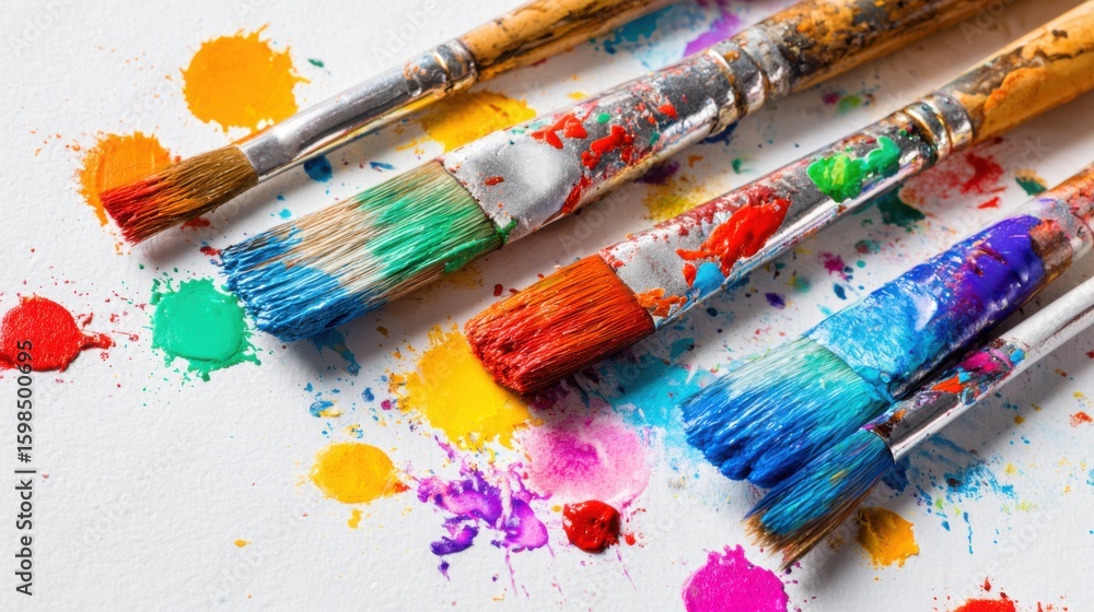 Fototapeta premium Various paint brushes are scattered over a white surface, covered in colorful paint splatters. The vibrant hues suggest an artistic project in progress, showcasing creativity and passion.