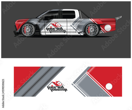 Stylized Pickup Truck Wrap Design Featuring Red Gray and White Color Scheme