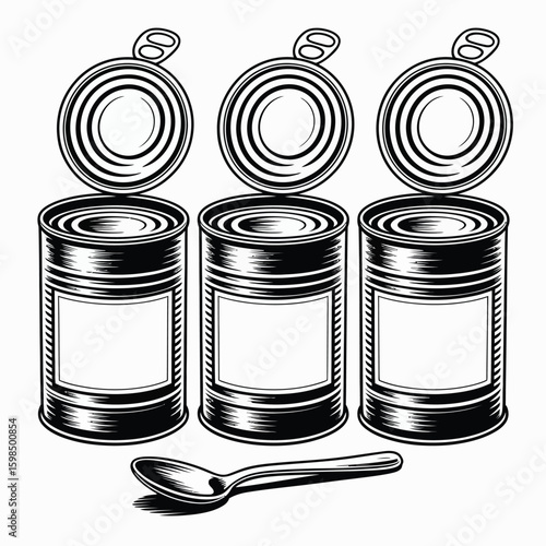 Three open cans of food with a spoon illustration