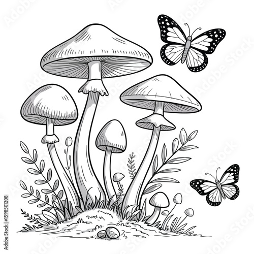 Whimsical sketch of mushrooms and butterflies in nature