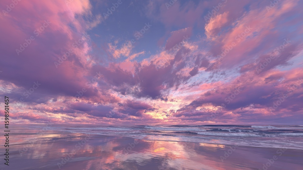 Fototapeta premium Pink sunset over a beach with water showcasing an atmospheric sky and vibrant clouds