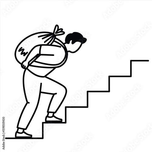 Man carrying heavy bag up stairs illustration