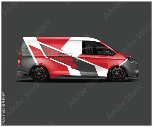 Sleek Van with Custom Red White and Gray Graphics on a Dark Background