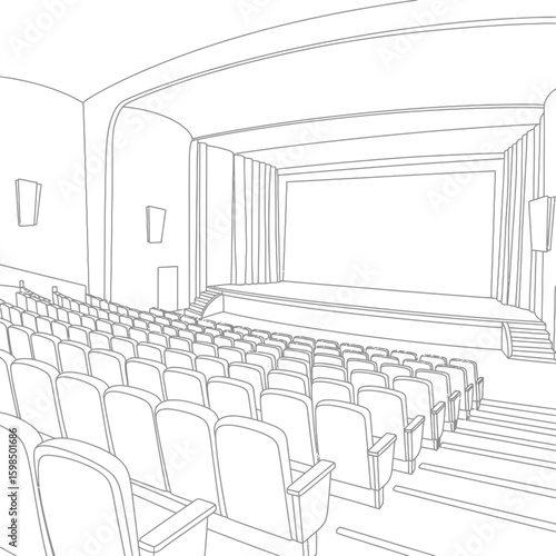 Empty cinema hall with rows of seats facing the stage
