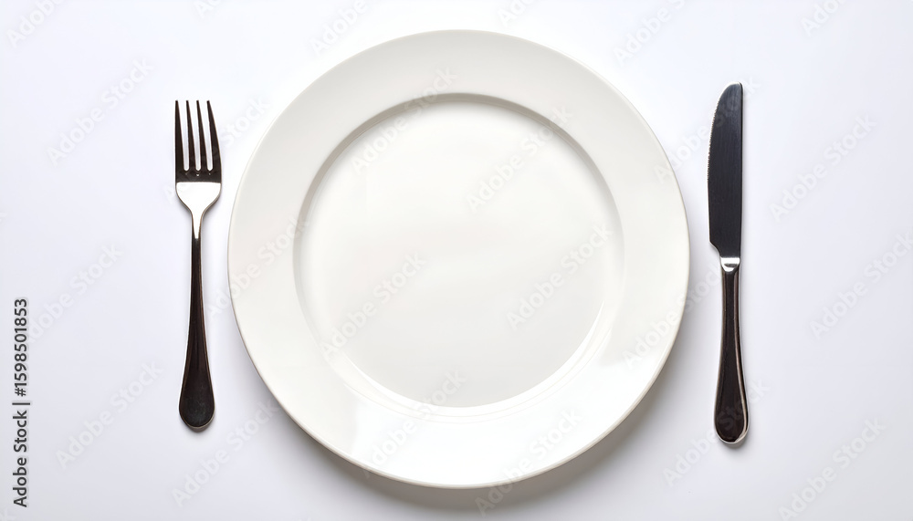 Empty Plate with Fork, Knife, and White Background. Empty Plate with Fork, Knife, and White Background.