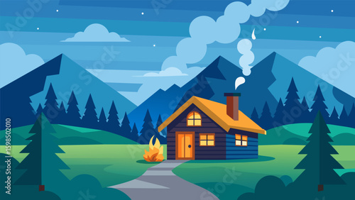 A cozy cabin in the mountains with a crackling fireplace offering a peaceful setting to disconnect and relax without devices.. Vector illustration