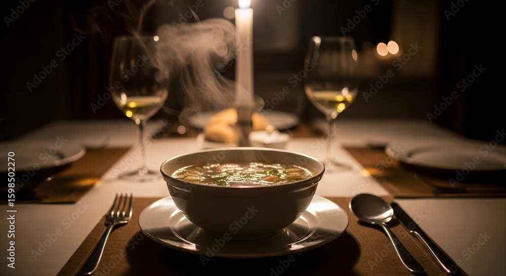 Steaming Soup in a Restaurant, Warm Ambiance, Romantic Dinner Steaming Soup in a Restaurant, Warm Ambiance, Romantic Dinner