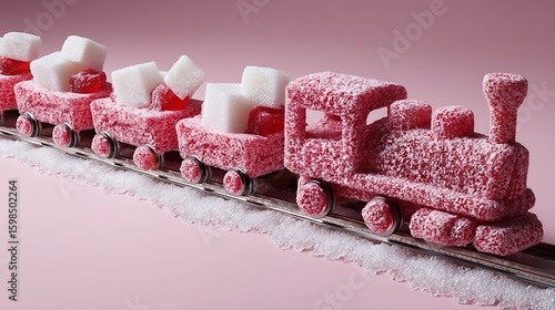 Sweet train made of candy and sugar cubes on a pink background for a whimsical holiday treat