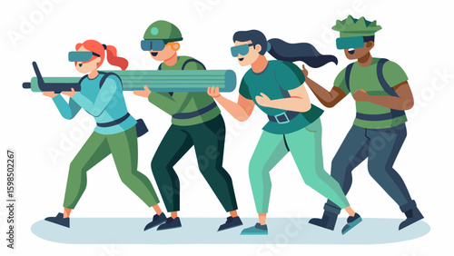 A group of participants in VR fitness gear are working together to carry a virtual log across a virtual battlefield simulating a militaryinspired. Vector illustration