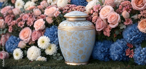 Floral display with cremation urn, flowers surrounding ornate vessel for ashes. Cremation urn with pink roses and blue hydrangeas is a beautiful memorial arrangement.