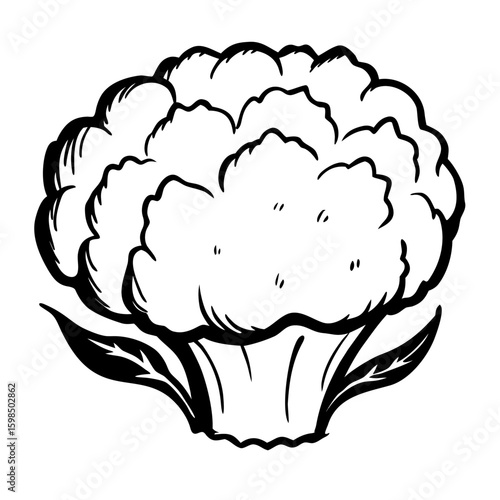 Black and white illustration of cauliflower head with leaves  