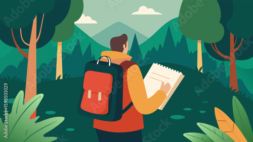 A journal tucked in a backpack carried on a hike through a dense forest as its owner makes note of all the beauty and blessings around them.. Vector illustration