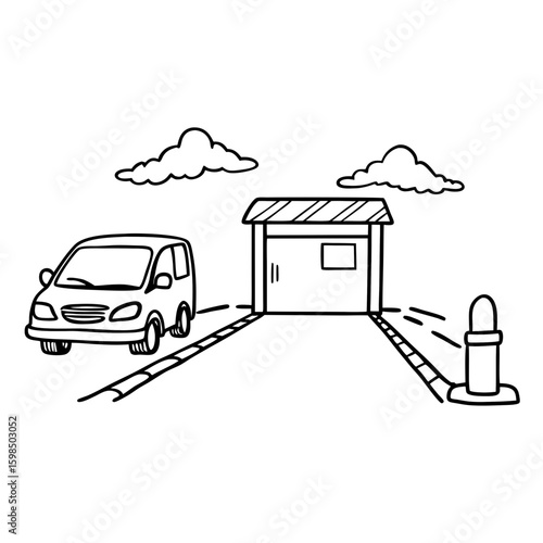 Vehicle approaching border checkpoint with building and clouds  