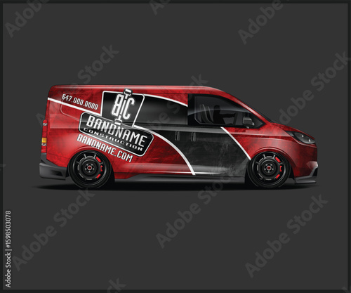 Red Construction Van with Company Branding and Sleek Design on Dark Background