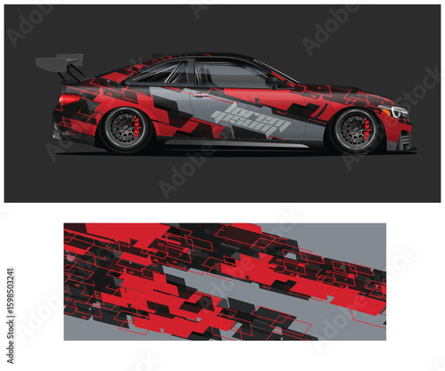 Red and Black Geometric Car Wrap Design Template for Vehicle Customization