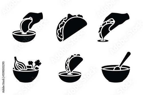 Hand dipping taco into sauce bowl preparing taco with cilantro and onion in bowl vector