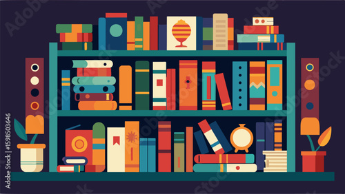 A detailed illustration of a bookshelf filled with wellloved books revealing the artists literary journey and influences.. Vector illustration