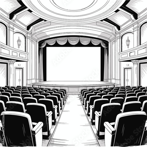 Empty grand cinema auditorium with stage and screen