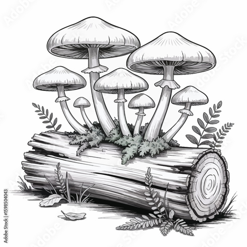 Detailed pencil sketch of mushrooms growing on a fallen log