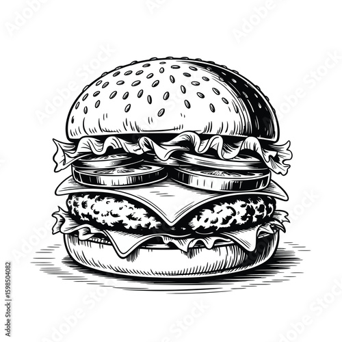 Detailed sketch of a classic double cheeseburger