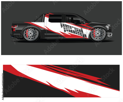 Sleek Black Truck with Red and White Racing Stripes Graphic Design