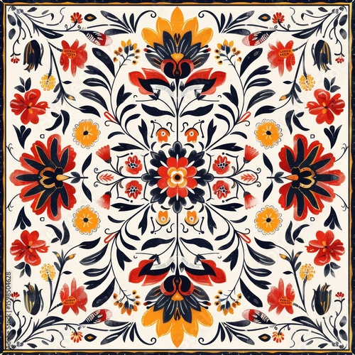 An intricate and symmetrical folk art pattern featuring stylized red, yellow, and dark blue flowers and foliage arranged in a square border on a light background.