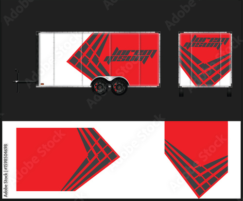 Trailer Wrap Design with Red White and Gray Geometric Graphics Presentation