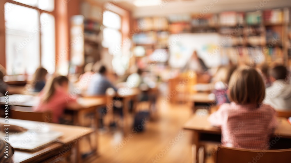 A Blurry or out - of - focus image of elementary school classroom with students sitting and studying, abstract design for background. A Blurry or out - of - focus image of elementary school classroom with students sitting and studying, abstract design for background.