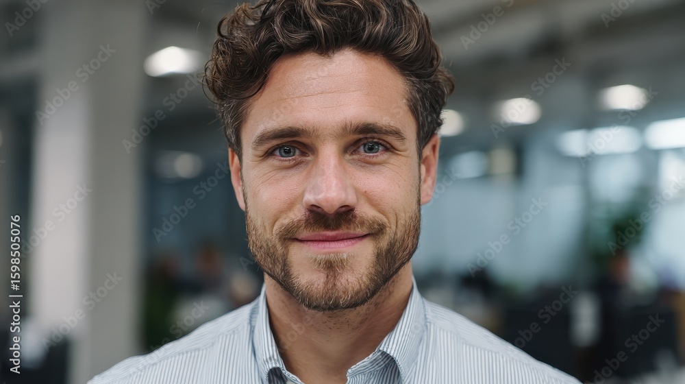 Naklejka premium Smiling handsome young businessman in office looking at camera, headshot close up corporate portrait