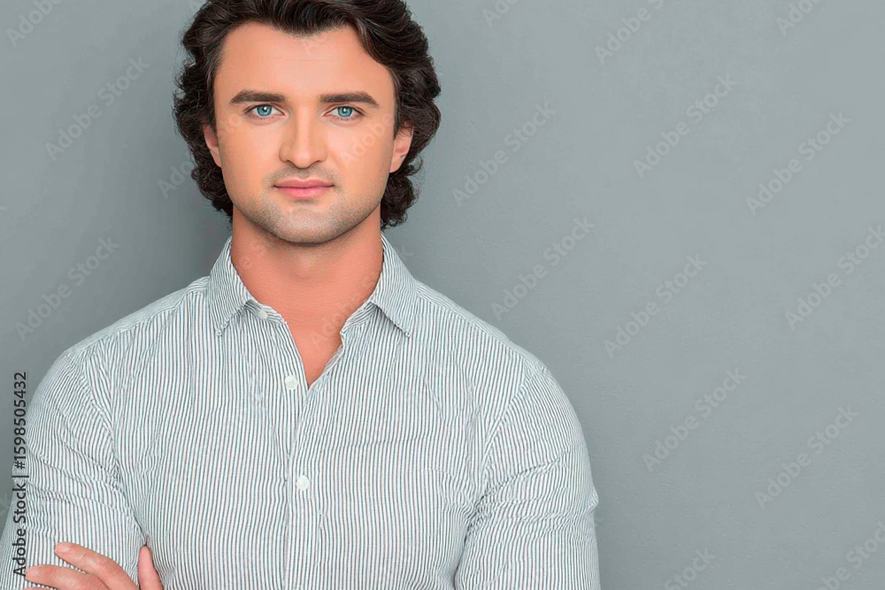 Obraz premium Confident young man in striped shirt posing with arms crossed against gray studio background