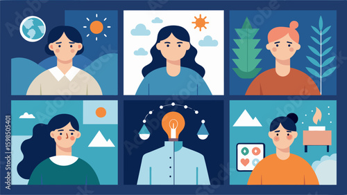 A collage of various photographs all taken during different stages of treatment for Seasonal Affective Disorder each one showing the individual. Vector illustration