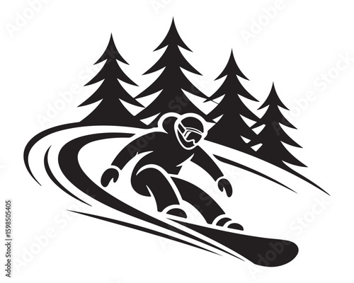  snowboarder on a slope with pine trees Black and white vector illustration