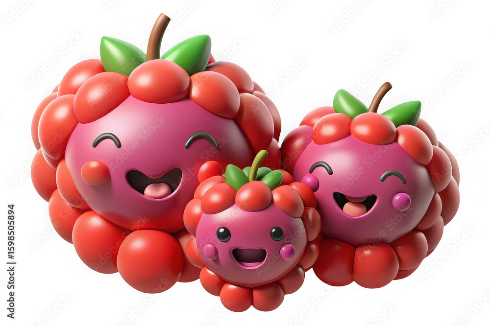 Fototapeta premium Three happy cartoon raspberries with cute faces and green leaves on a black background