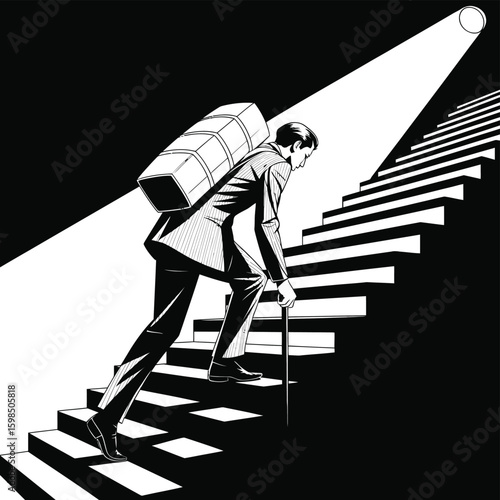 Man ascends stairs carrying heavy burden towards bright light