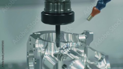 Automated CNC milling process for high-precision metalworking, showing a cutting tool shaping an aluminum component.