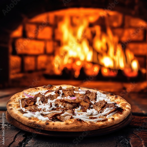 kebab pizza with mild white sauce inside of a brick oven  . aspect ratio 1:1