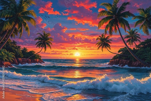 Tropical Coast Sunset with Palm Trees and Ocean Waves Beauty