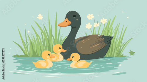 Adorable Mother Duck and Duckling Illustration - Sweet Nature Scene for Design Projects