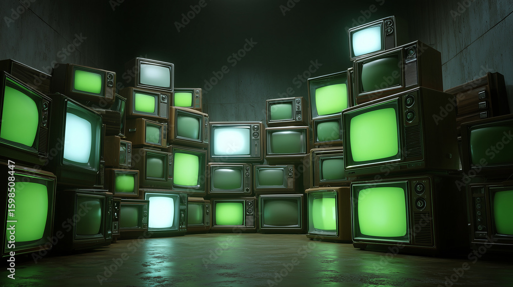 Obraz premium Retro vintage televisions stacked in a dark room with glowing green and white screens, cinematic moody cyberpunk atmosphere