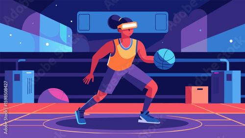 A digital avatar player dribbling and practicing crossover moves in a virtual reality gym with realistic crowd noise and court sounds.. Vector illustration