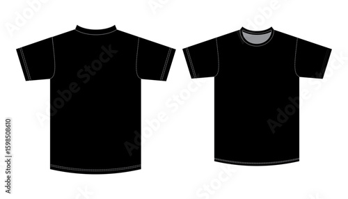 Set of Different T-Shirts Template - Technical Flat Drawing of Basic Tshirts V-neck Tee Shirt Design - Boxy T-Shirt Technical Illustration - Fitted Tee Shirt Vector Front and Back Views