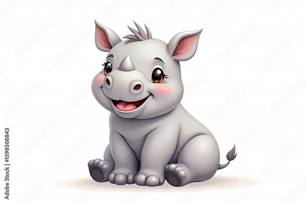 Naklejka premium Happy cartoon baby rhino smiling while sitting against a white background with copy space