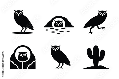 Owl silhouettes in various poses and settings bird night