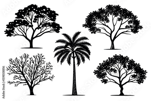 Five black silhouette trees including a palm tree white
