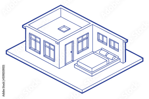 Isometric bedroom outline with bed and windows interior