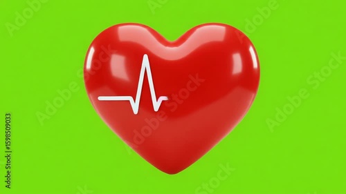 Glossy Red Heart with Animating White ECG Line on Green Screen Closeup