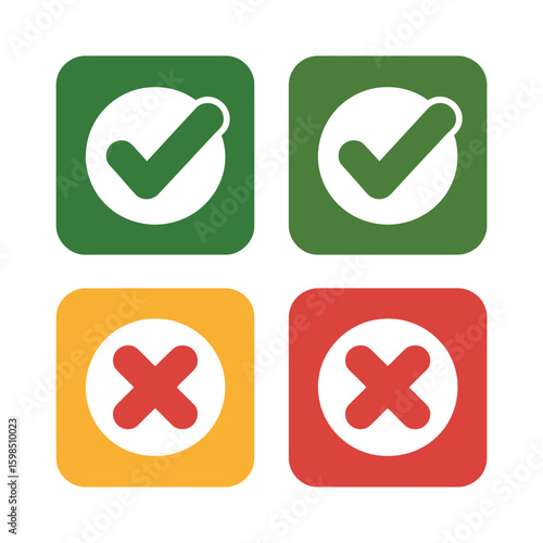 Four square icons with green checkmarks and red crosses for approval and rejection